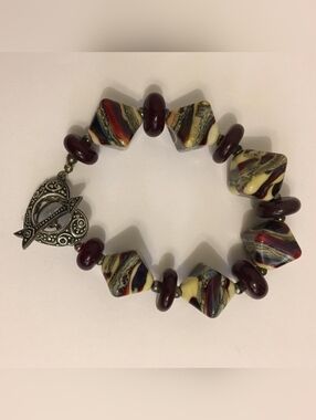 Vintage Artisan 925 Sterling Silver & Lampwork Art Glass Bead Toggle Bracelet